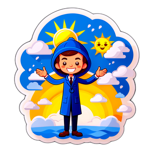 Kreslená postavička meteorologa ukazující počasí na zítřek