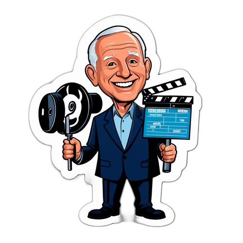 En lekfull karikatyr av Nick Reiner med filmrulle och klappa