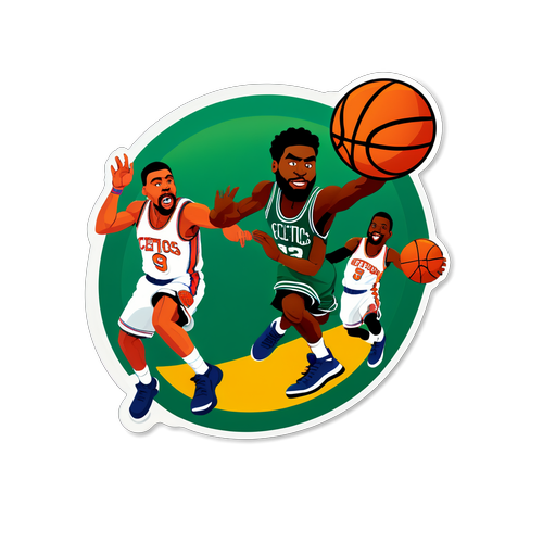 Pegatina divertida de un juego de baloncesto entre los Celtics y los Knicks