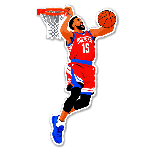 Larawan ng manlalaro ng basketball sa gitna ng dunk na may 'Rockets vs Warriors'