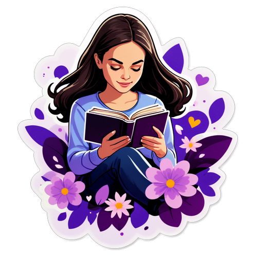 Romantischer Sticker mit einem Mädchen, das ein Buch liest