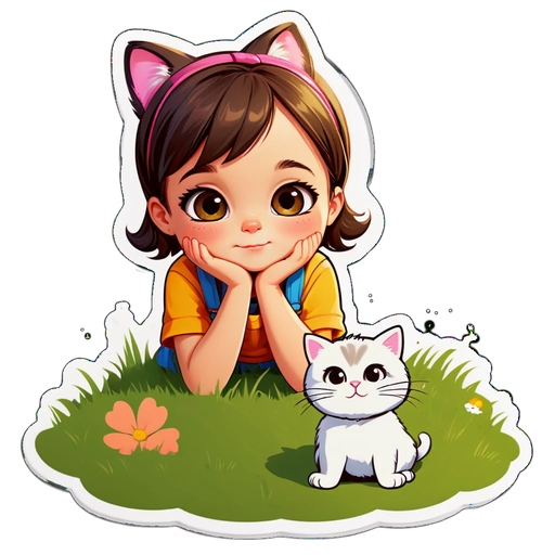 Cute Girl and Cat on Grass Sticker