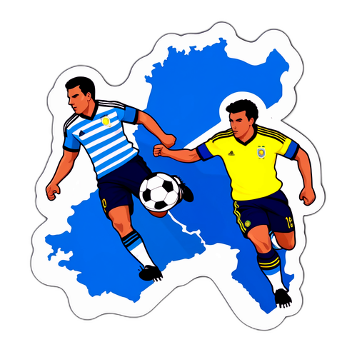 Sticker przedstawiający piłkarzy z Argentyny i Kolumbii w dynamicznej akcji