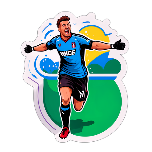 สติกเกอร์ฟุตบอลที่มีสีสันของนักเตะนีซในท่าดีใจหลังทำประตู