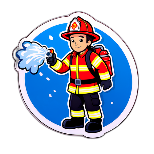 Sticker van een cartoonbrandweerman die water op een brand spuit