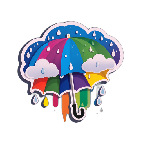 Calcomanía de Nube con Gotas de Lluvia y Paraguas Colorido