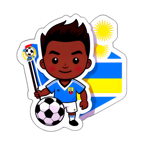 アルゼンチンとコロンビアの国旗を融合したサッカーボールを持つキャラクター