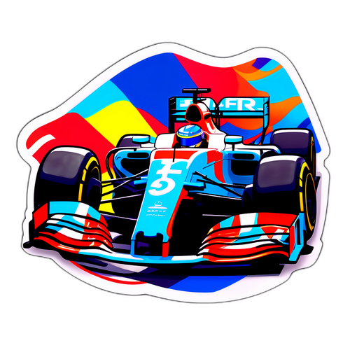 Projekt naklejki dla fanów F1: dynamiczny samochód wyścigowy z żywymi kolorami i flagą w tle