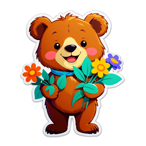 可爱的小熊捧着花微笑