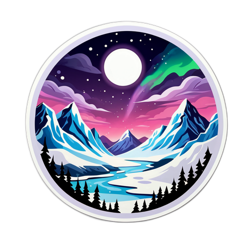 Стикер с Ямальским ламинатом на фоне снежных гор и Северного сияния