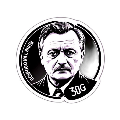 Artystyczna naklejka Bogusława Lindy w stylu czarno-białym z datą premiery jego filmu