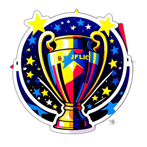 Autocolant colorat cu trofeul UCL și fotbal