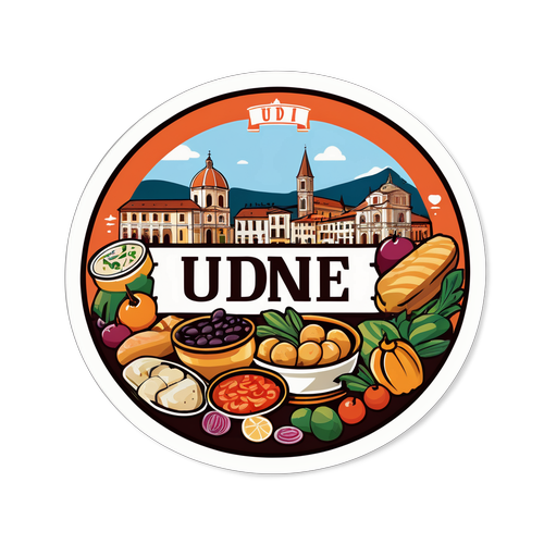 Een artistieke weergave van Udine met zijn traditionele markten en lokale gerechten