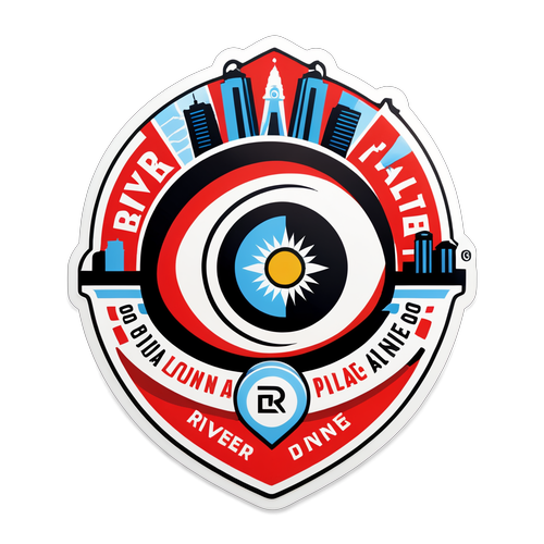 Diseño llamativo con el logo de River Plate y elementos icónicos de Buenos Aires