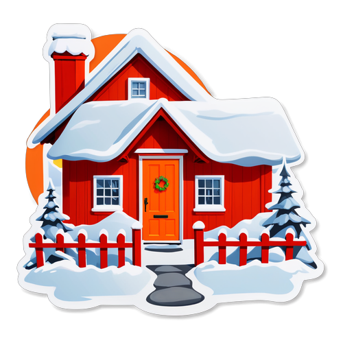 红色小屋与橙色门的冬日雪景