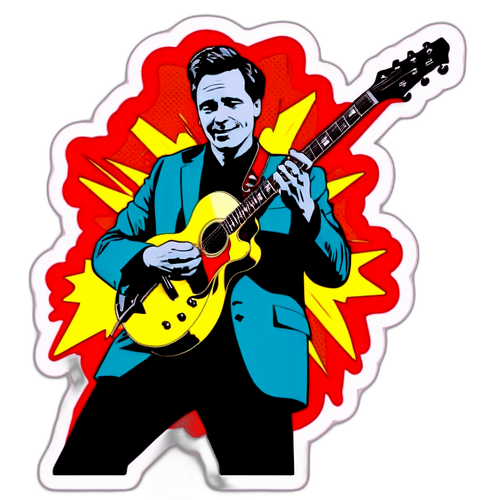 Pop art ilustrace Davida Labuse hrajícího na kytaru na scéně