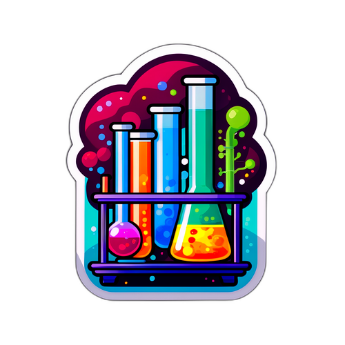 Sticker van een biotutorial met laboratoriumopstelling en kleurrijke micro-organismen