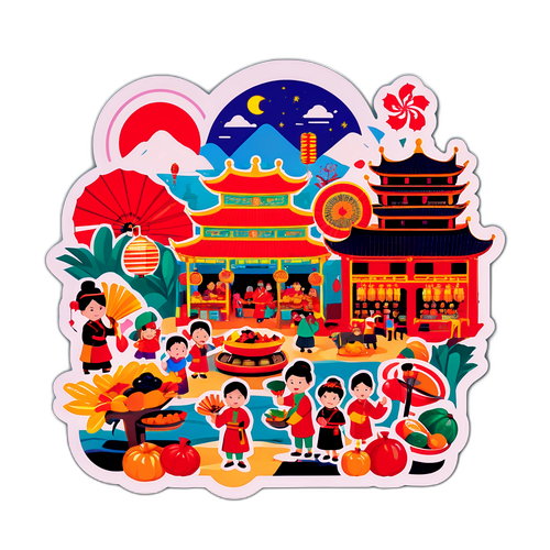 Динамічна наклейка Гонконгу з традиційними фестивалями та ринками