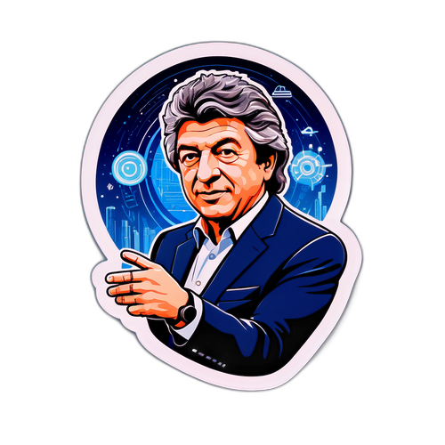 Autocollant représentant Thierry Breton avec des éléments technologiques et un arrière-plan futuriste, symbolisant l'innovation