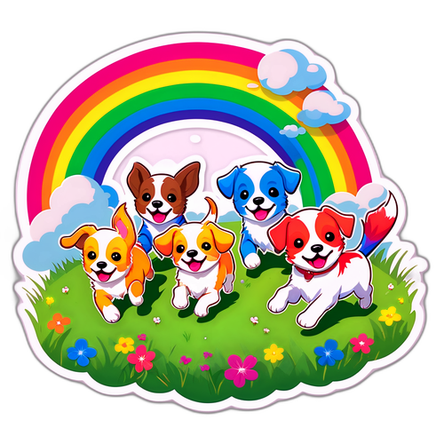 Cầu vồng sáng sau cơn mưa với những chú chó con vui vẻ