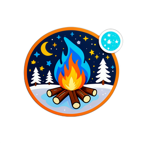 따뜻한 겨울밤의 캠프파이어와 별이 빛나는 스티커