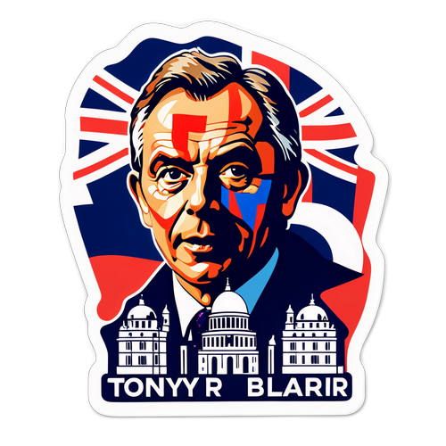 En porträtt av Tony Blair med brittiska monument och flaggor