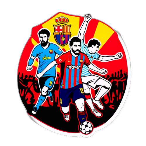 Дизайн наклейки, що зображає драматичну сцену матчу Жирона проти Барселони з закоханими фанатами