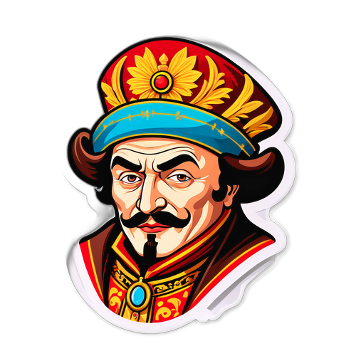 Дизайн наклейки с сознательным лицом Безрукова в театральном костюме