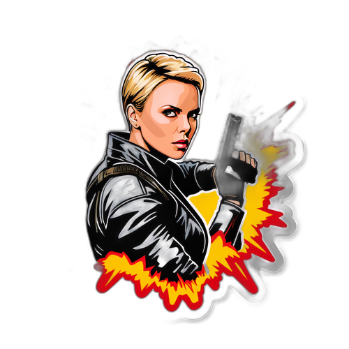 Kresba Charlize Theron jako akční hrdinky s pozadím výbuchu