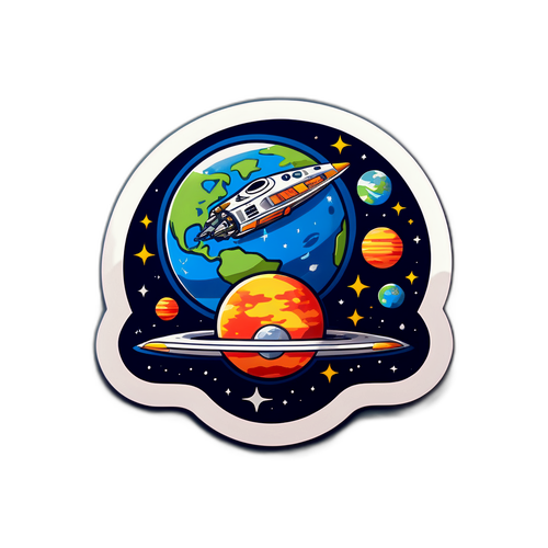 Стикер с атмосферой научной фантастики: Земля теряет гравитацию, космические корабли