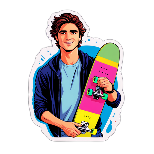 Vibrante sticker van Jacob Elordi met een skateboard