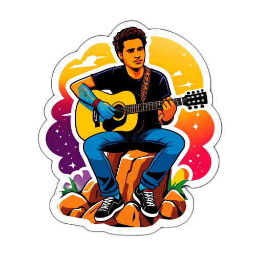 Sticker de Pity Álvarez con su guitarra y un ambiente rockero