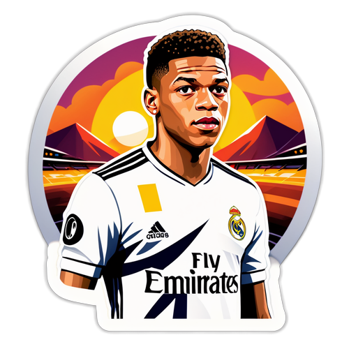 Mbappé dalam Jersi Real Madrid: Sticker Epik dengan Latar Belakang Sunset Dramatis UEFA Super Cup!