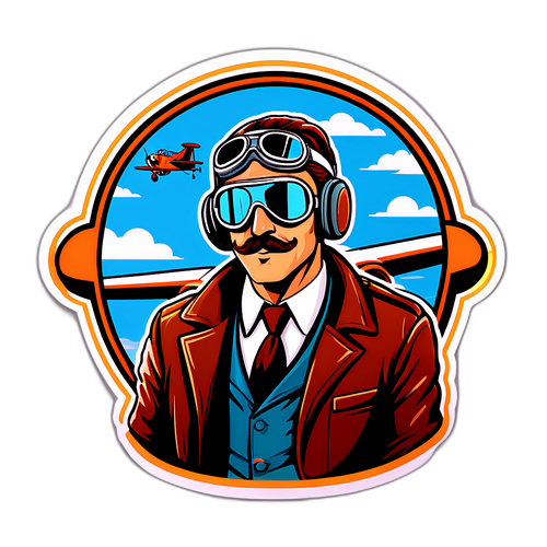 Наклейка с нарисованным авиатором в старом костюме и очках, летающим на пропеллерном самолете