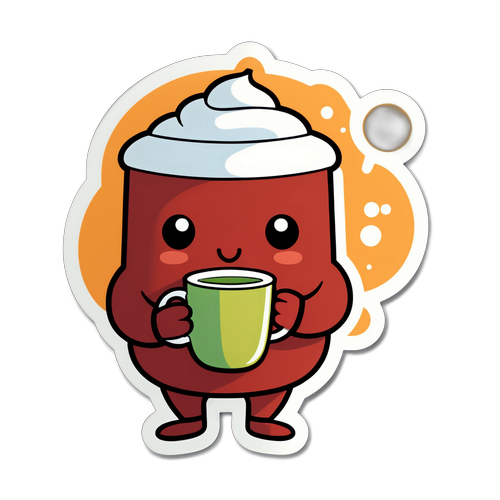 だらけたキャラクターが温かい飲み物を持つ