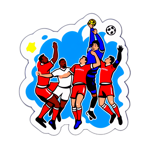 Sticker van een Conferentie League-wedstrijd met spelers die in de lucht springen voor een kopbal