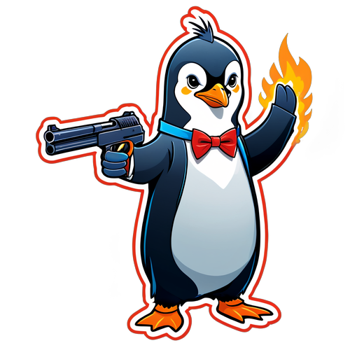 Penguin Threatening with Gun and Bow Tie