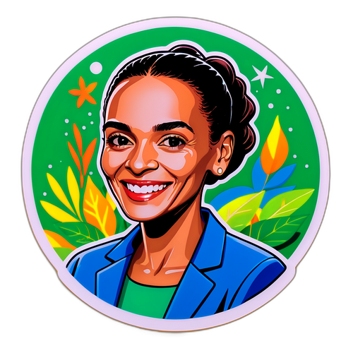 Retrato alegre de Marina Silva com elementos da natureza