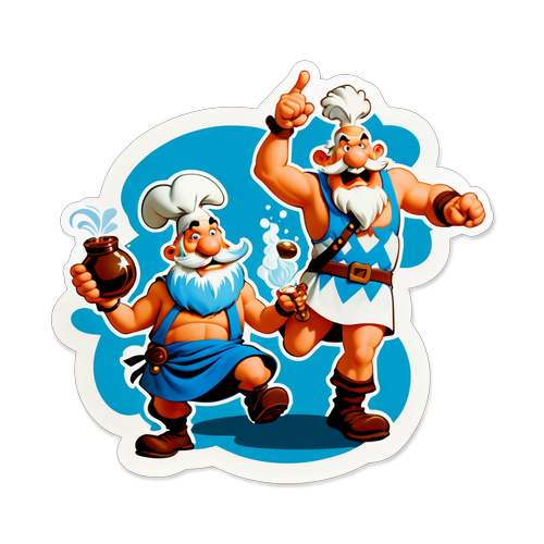 Illustration humoristique d'Astérix et Obélix en mission pour récupérer une potion magique