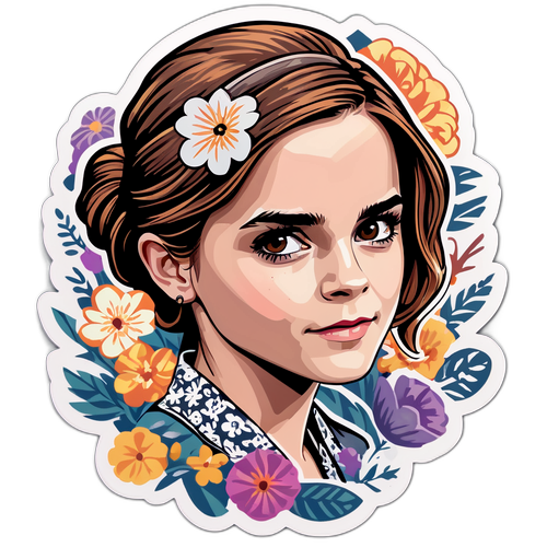 Portrettklistremerke av Emma Watson med blomsterbakgrunn