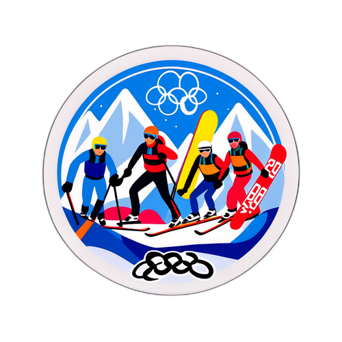Веселые элементы дизайна зимних Олимпийских игр 2026 года с лыжниками, снегом и спортивным инвентарем