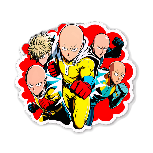 Наклейка с главными героями One Punch Man в боевом действии