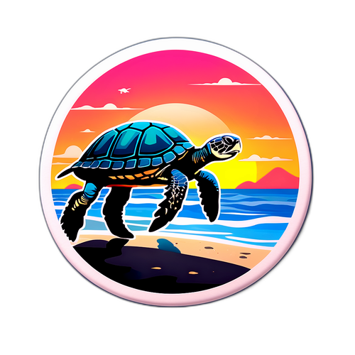 해변을 걷는 거북이와 평화로운 노을
