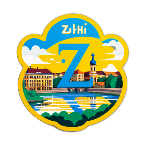 Дизайн наліпки з великими літерами 'Zh' та стилізованим фоном Житомира