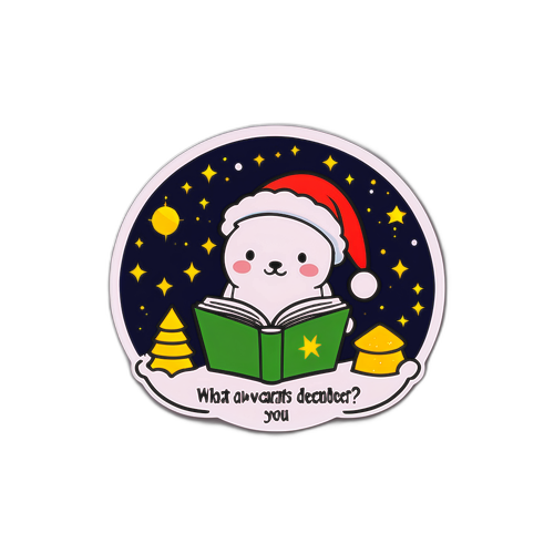 Стикер с очаровательным персонажем, читающим гороскоп, с текстом "Что ждет вас в декабре?"