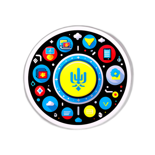 Стильний наліпка, що представляє Ukrnet з сучасними технологіями та стилізованими іконками