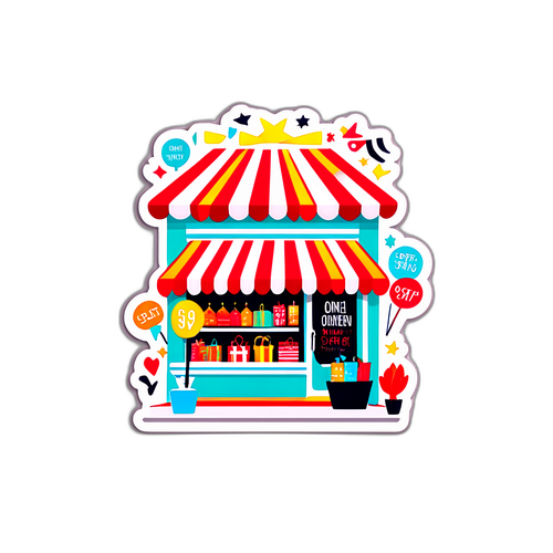 Samolepka pro oslavu otevřených obchodů s motivačními slovy a ikonkami nakupování