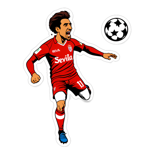 Sticker ilustrando a Luis Rioja jugando para el Sevilla, con un estilo dinámico y enérgico