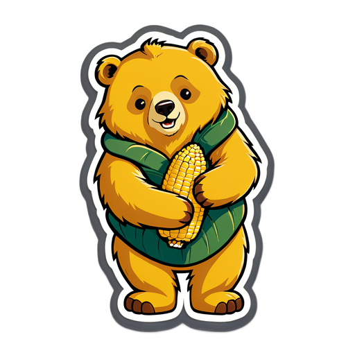 可爱的金色小熊手持玉米贴纸