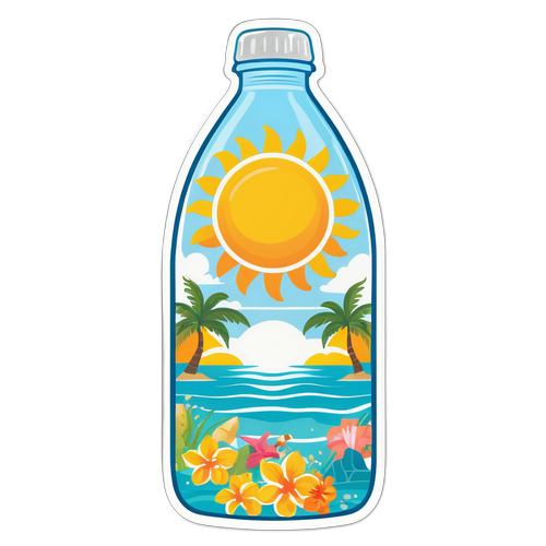 Vidám ásványvíz palack napfénnyel és trópusi tengerrel